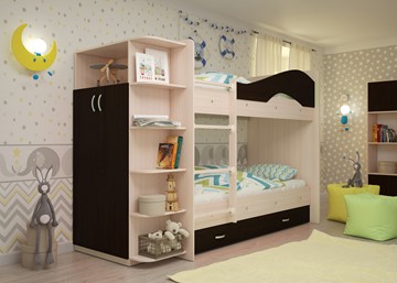 Детская 2-х ярусная кровать Мая на щитах со шкафом и ящиками, корпус Млечный дуб, фасад Венге в Ишиме - предосмотр
