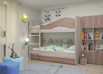 Двухэтажная детская кровать Мая с 2 ящиками на щитах, корпус Шимо светлый, фасад Шимо темный в Тобольске