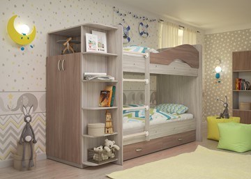 Детская 2-ярусная кровать ТМК Мая на щитах со шкафом и ящиками, корпус Шимо светлый, фасад Шимо темный в Заводоуковске