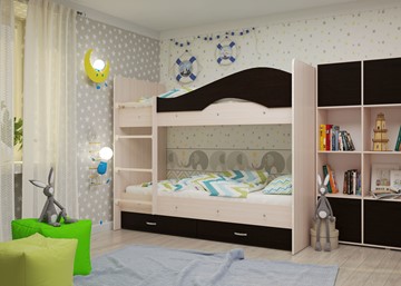 Детская  двухъярусная кровать Мая с 2 ящиками на щитах, корпус Млечный дуб, фасад Венге в Тобольске - предосмотр 1