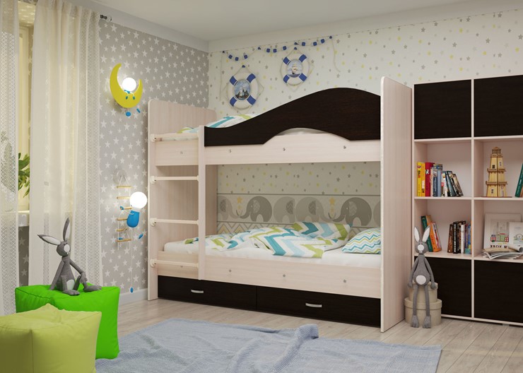 Детская  двухъярусная кровать Мая с 2 ящиками на щитах, корпус Млечный дуб, фасад Венге в Тобольске - изображение 1