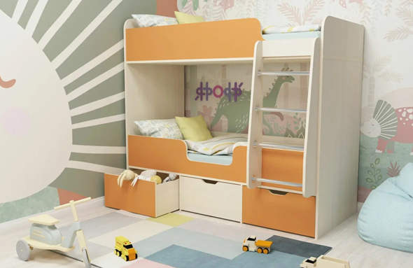 Кровать двухъярусная Малыш двойняшка 70х160, корпус Дуб молочный, фасад Оранжевый в Тюмени - изображение