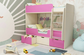 Детская двухъярусная кровать Ярофф Малыш двойняшка 70х160, корпус Дуб молочный, фасад Розовый в Тюмени