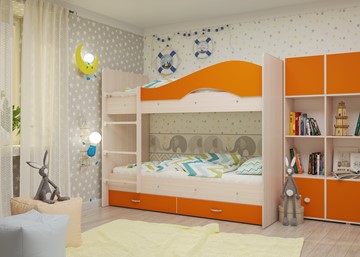 Двухэтажная кровать Мая на щитах со шкафом и ящиками, корпус Млечный дуб, фасад Оранжевый в Тюмени - предосмотр 1