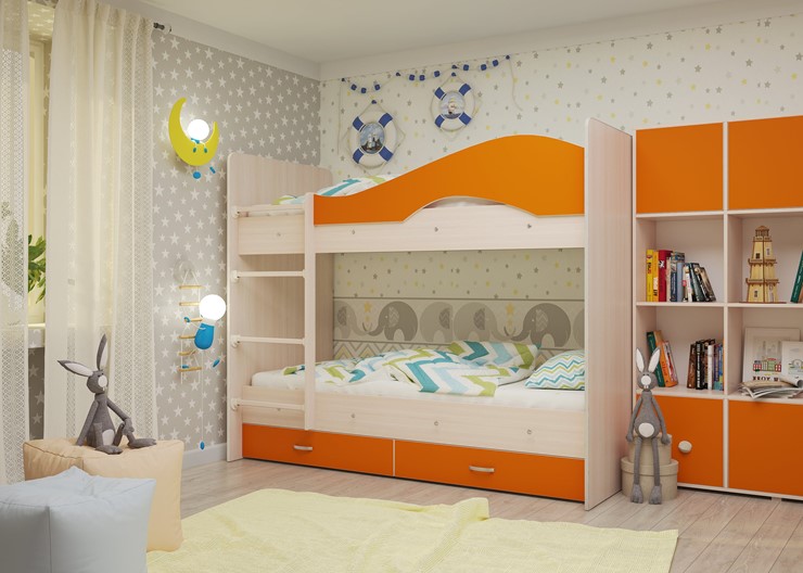 Двухэтажная кровать Мая на щитах со шкафом и ящиками, корпус Млечный дуб, фасад Оранжевый в Тюмени - изображение 1