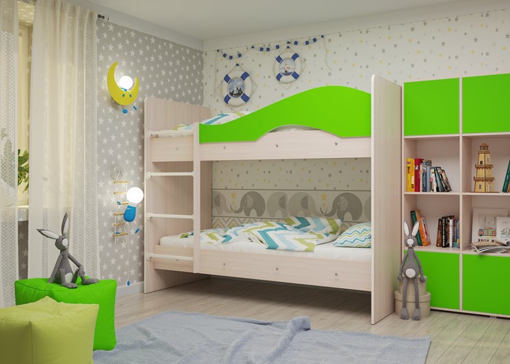 Детская 2-этажная кровать Мая на щитах со шкафом и ящиками, корпус Млечный дуб, фасад Салатовый в Тюмени - изображение 2