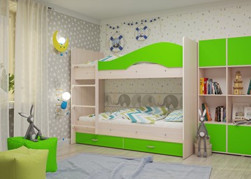 Детская 2-этажная кровать Мая на щитах со шкафом и ящиками, корпус Млечный дуб, фасад Салатовый в Тюмени - предосмотр 1