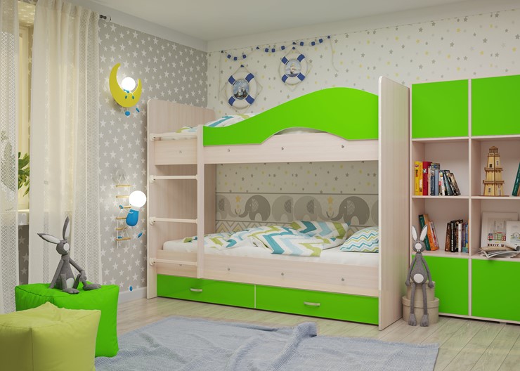 Детская 2-этажная кровать Мая на щитах со шкафом и ящиками, корпус Млечный дуб, фасад Салатовый в Заводоуковске - изображение 1