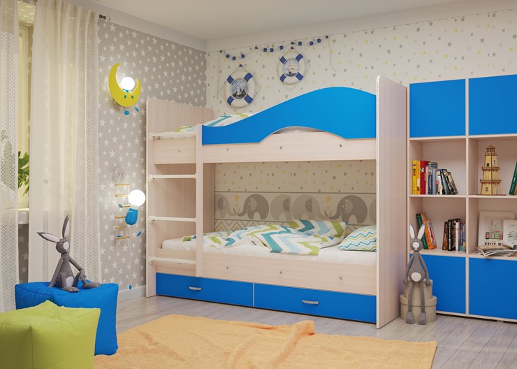 Двухъярусная кровать Мая на щитах со шкафом и ящиками, корпус Млечный дуб, фасад Синий в Заводоуковске - изображение 2