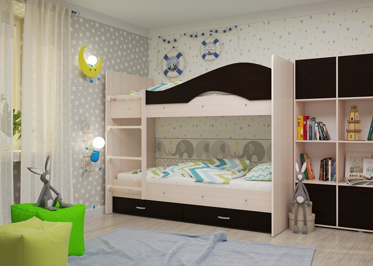Детская 2-х ярусная кровать Мая на щитах со шкафом и ящиками, корпус Млечный дуб, фасад Венге в Тобольске - изображение 1