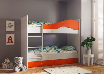 Кровать 2-ярусная Мая с 2 ящиками на щитах, корпус Млечный дуб, фасад Оранжевый в Тобольске