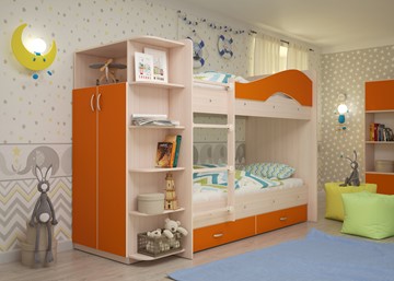 Кровать 2-ярусная Мая с 2 ящиками на щитах, корпус Млечный дуб, фасад Оранжевый в Тюмени - предосмотр 1