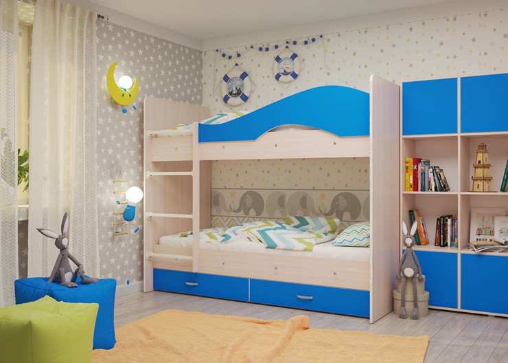 Двухъярусная детская кровать Мая с 2 ящиками на щитах, корпус Млечный дуб, фасад Синий в Заводоуковске - изображение 3