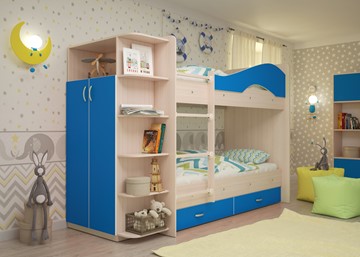Двухъярусная детская кровать Мая с 2 ящиками на щитах, корпус Млечный дуб, фасад Синий в Тюмени - предосмотр 1