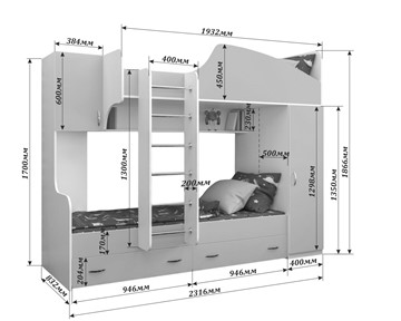 Двухэтажная кровать Юниор-2, каркас Белое дерево, фасад Лайм в Ишиме - предосмотр 1