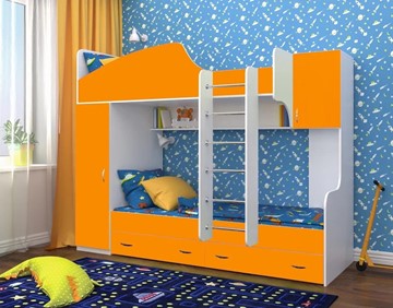Детская кровать-шкаф Юниор-2, каркас Белое дерево, фасад Оранжевый в Тюмени