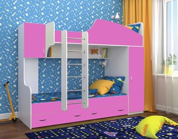 Детская кровать-шкаф Юниор-2, каркас Белое дерево, фасад Розовый в Тюмени