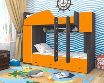 Детская кровать-шкаф Юниор-2, каркас Ясень анкор темный, фасад Оранжевый в Тюмени