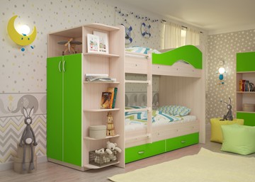Детская 2-этажная кровать Мая на щитах со шкафом и ящиками, корпус Млечный дуб, фасад Салатовый в Тюмени - предосмотр