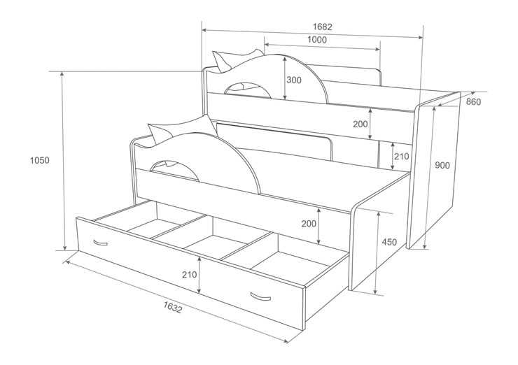 Кровать 2-ярусная Радуга 1.6 с ящиком, корпус Млечный дуб, фасад Синий в Тюмени - изображение 2