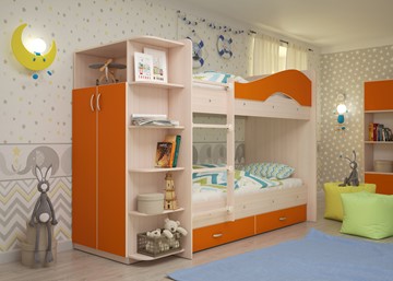 Двухэтажная кровать Мая на щитах со шкафом и ящиками, корпус Млечный дуб, фасад Оранжевый в Тюмени