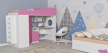 Детская кровать-шкаф Кадет-1 с металлической лестницей, корпус Белое дерево, фасад Розовый в Заводоуковске