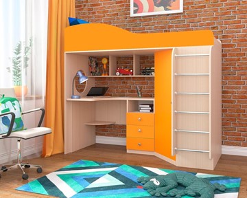 Кровать-чердак детская Кадет-1 с металлической лестницей, корпус Дуб, фасад Оранжевый в Тюмени