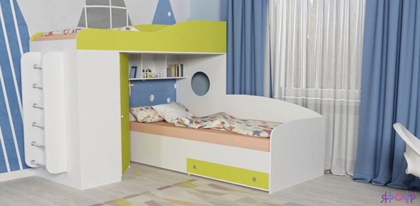 Детская кровать-чердак Кадет-2 с металлической лестницей, корпус Белое дерево, фасад Лайм в Тюмени - изображение