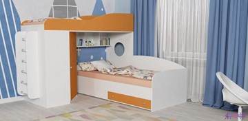 Детская кровать-шкаф Кадет-2 с металлической лестницей, корпус Белое дерево, фасад Оранжевый в Тюмени