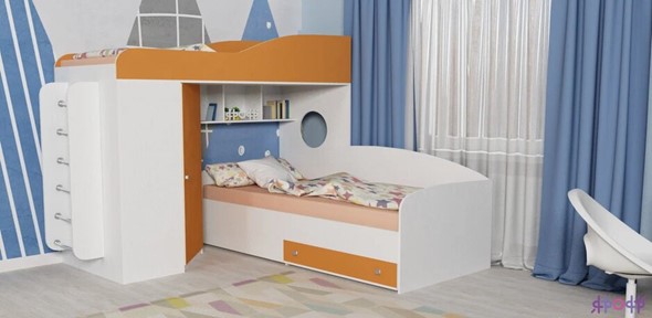 Кровать-чердак детская Кадет-2 с металлической лестницей, корпус Белое дерево, фасад Оранжевый в Тюмени - изображение