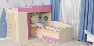 Детская кровать-чердак Кадет-2 с металлической лестницей, корпус Дуб, фасад Розовый в Тюмени - предосмотр