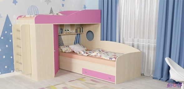 Детская кровать-чердак Кадет-2 с металлической лестницей, корпус Дуб, фасад Розовый в Заводоуковске - изображение
