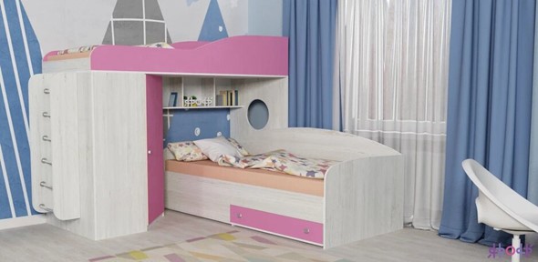 Детская кровать-чердак Кадет-2 с металлической лестницей, корпус Винтерберг, фасад Розовый в Заводоуковске - изображение