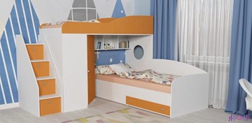 Кровать-чердак в детскую Кадет-2 с универсальной лестницей, корпус Белое дерево, фасад Оранжевый в Заводоуковске