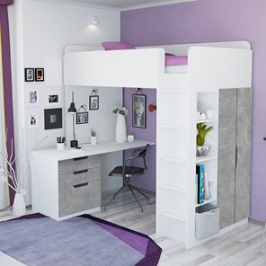 Кровать 2-х ярусная с письменным столом и шкафом POLINI Kids Simple Белый / Бетон в Тюмени - предосмотр 1