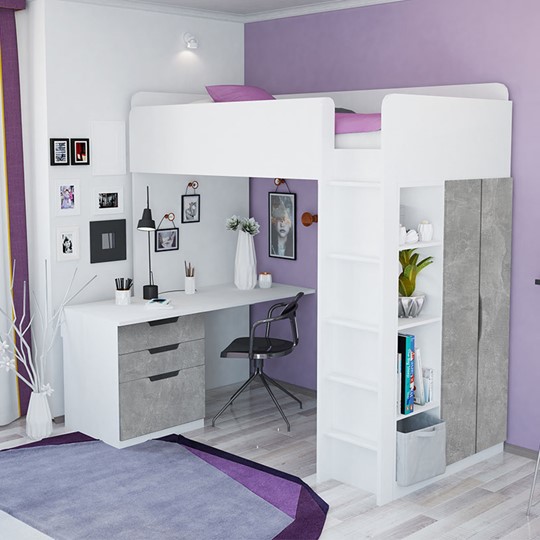 Кровать 2-х ярусная с письменным столом и шкафом POLINI Kids Simple Белый / Бетон в Заводоуковске - изображение 1