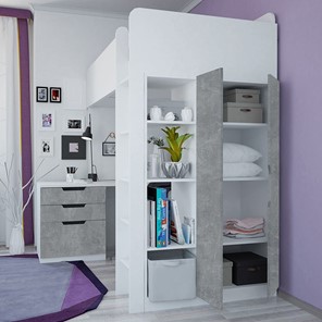 Кровать 2-х ярусная с письменным столом и шкафом POLINI Kids Simple Белый / Бетон в Тюмени - предосмотр 2