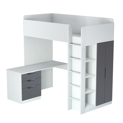 Кровать-чердак с письменным столом и шкафом POLINI Kids Simple Белый / Серый в Заводоуковске - изображение