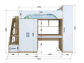 Кровать-чердак с шкафом Тея, каркас Винтерберг, фасад Олива в Тюмени - предосмотр 1