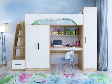 Детская кровать-чердак с шкафом Тея, каркас Ясень, фасад Белый в Ишиме - предосмотр