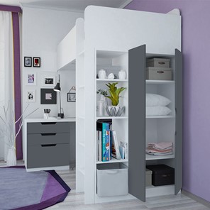 Кровать-чердак с письменным столом и шкафом POLINI Kids Simple Белый / Серый в Тюмени - предосмотр 1