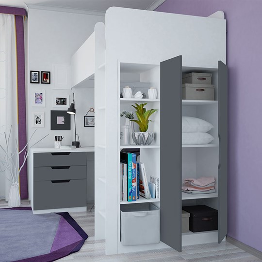 Кровать-чердак с письменным столом и шкафом POLINI Kids Simple Белый / Серый в Заводоуковске - изображение 1