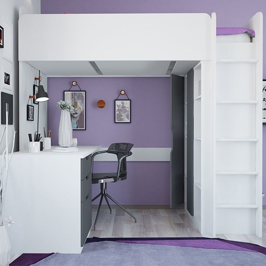 Кровать-чердак с письменным столом и шкафом POLINI Kids Simple Белый / Серый в Заводоуковске - изображение 2