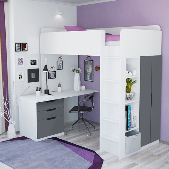 Кровать-чердак с письменным столом и шкафом POLINI Kids Simple Белый / Серый в Заводоуковске - изображение 3