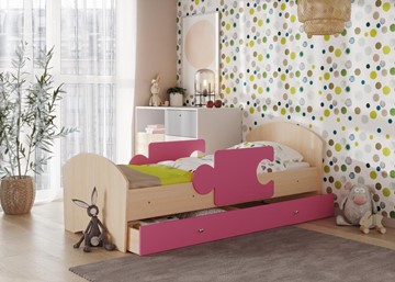 1-спальная детская кровать Мозайка, корпус Млечный дуб/фасад Розовый (ламели) в Заводоуковске