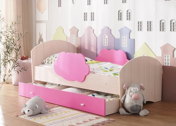 Детская кровать Тучка с ящиком, корпус Дуб млечный, фасад Розовый в Тюмени - изображение