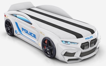 Кровать-машина Romeo-М Police + подсветка фар, ящик, матрас, Белый в Тобольске