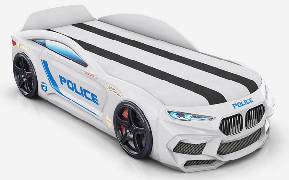 Кровать-машина Romeo-М Police + подсветка фар, ящик, матрас, Белый в Заводоуковске - изображение