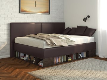 1,5-спальная детская кровать Lancaster 1, 120х200, ЛДСП венге, экокожа коричневая в Тюмени