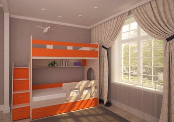 Кровать 2-ярусная Юниор-1 с бортом, каркас Дуб, фасад Оранжевый в Тюмени - предосмотр